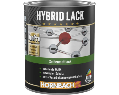 Hornbach Hybrid Lack Seidenmattlack mit DuoPro Technologie für maximalen Schutz und exzellente Optik. Hornbach Logo.