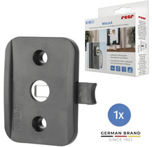 Reer WinLock Fenstersicherung für Fenstergriffe aus Kunststoff in Anthrazit mit Produktverpackung.