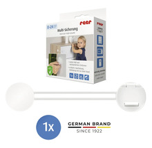 Weiße reer Multi-Sicherung aus Kunststoff für Schränke und Schubladen inklusive Produktverpackung und reer Logo.