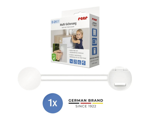 Weiße reer Multi-Sicherung aus Kunststoff für Schränke und Schubladen inklusive Produktverpackung und reer Logo.