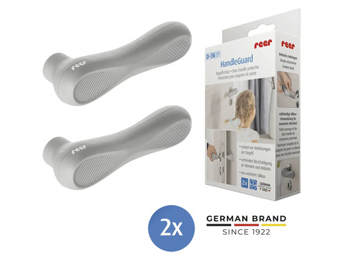 Reer HandleGuard Türgriffschutz aus Silikon im Zweierpack zum Schutz vor Verletzungen und Wandschäden. Reer Logo. Deutsche Marke seit 1922.