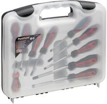 Pattfield Schraubendreher-Set 10-teilig im transparenten Transportkoffer mit rot-schwarzen Schlitz- und Kreuzschlitzschraubendrehern.