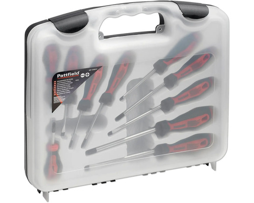 Pattfield Schraubendreher-Set 10-teilig im transparenten Transportkoffer mit rot-schwarzen Schlitz- und Kreuzschlitzschraubendrehern.