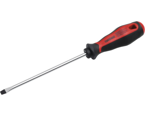 Pattfield Schlitzschraubendreher mit ergonomischem Griff in Schwarz und Rot und langer Stahlklinge.
