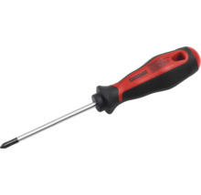 Pattfield Kreuzschlitzschraubendreher mit ergonomischem rot-schwarzem Griff und Stahlschaft.
