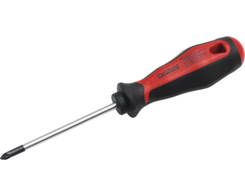 Pattfield Kreuzschlitzschraubendreher mit ergonomischem rot-schwarzem Griff und verchromter Klinge.