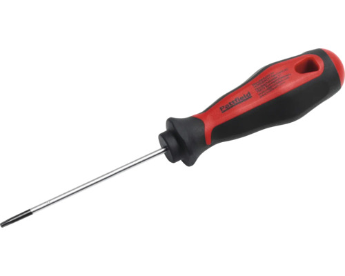 Pattfield Schraubendreher mit ergonomischem Zwei-Komponenten-Griff in Rot und Schwarz und langer Klinge aus Stahl.