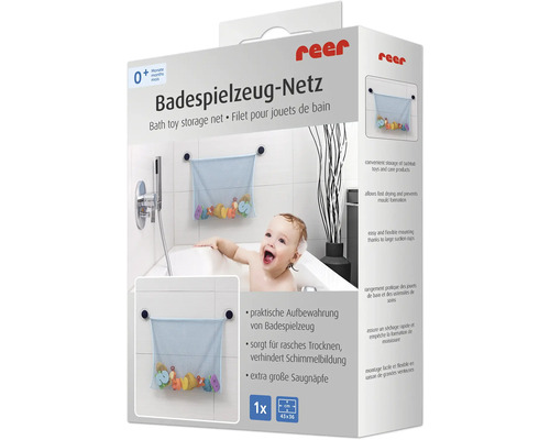 reer Logo auf der Verpackung eines Badespielzeug-Netzes zur Aufbewahrung von Badespielzeug, Montage mit Saugnäpfen, Maße 43 mal 36 Zentimeter.