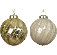 Weihnachtsbaumkugeln aus Glas mit diagonalen Glitzerstreifen und gesprenkelter Optik, Gold und Champagner.