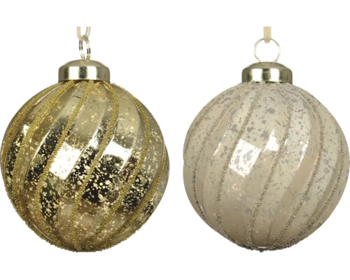 Weihnachtsbaumkugeln aus Glas mit diagonalen Glitzerstreifen und gesprenkelter Optik, Gold und Champagner.