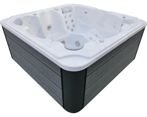 Quadratischer Außenwhirlpool mit weißer Wanne, grauer Außenverkleidung in Holzoptik und integrierten Massagedüsen.
