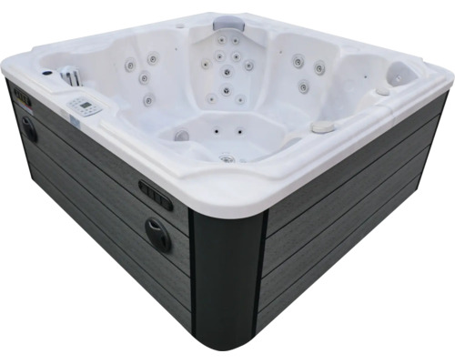 Quadratischer Whirlpool mit weißem Innenbecken, Massagedüsen und grauer Außenverkleidung in Holzoptik.