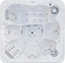 Draufsicht auf einen quadratischen Whirlpool mit mehreren Sitzplätzen, Massagejets und Nackenstützen.