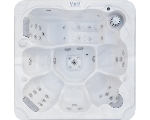 Draufsicht auf einen quadratischen Whirlpool mit mehreren Sitzplätzen, Massagejets und Nackenstützen.
