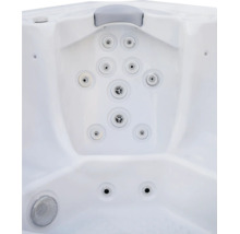 Whirlpool-Innenansicht mit Nackenkissen und mehreren Massagedüsen aus Kunststoff und Metall.
