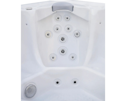 Whirlpool-Innenansicht mit Nackenkissen und mehreren Massagedüsen aus Kunststoff und Metall.