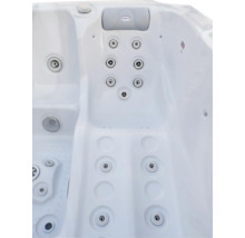 Innenansicht eines Whirlpools mit verschiedenen Massagedüsen, einer ergonomischen Liegefläche und einer Kopfstütze mit Sanospa Logo.