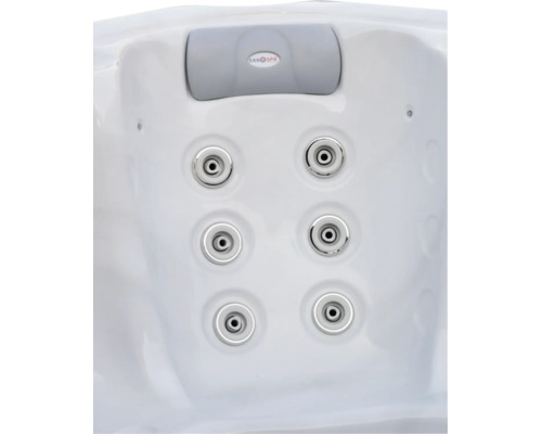 Detailansicht eines Whirlpools mit sechs Massagedüsen und einer Kopfstütze mit Sanspa Logo.