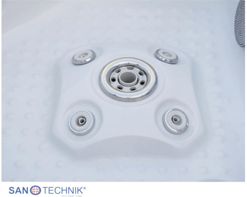 Sanotechnik Massage-Düsensystem für Whirlpool oder Dusche mit fünf Düsen, Sanotechnik Logo.