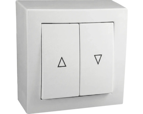 Aufputz-Jalousieschalter aus Kunststoff in Weiß mit zwei Wippen und Pfeilsymbolen.