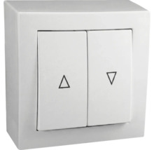 Weißer Aufputz-Jalousieschalter mit zwei Wippen und Pfeilsymbolen für Auf und Ab.