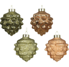 Vier Weihnachtsbaumanhänger aus Glas in Zapfenform mit strukturierter Oberfläche und Metallic-Finish.