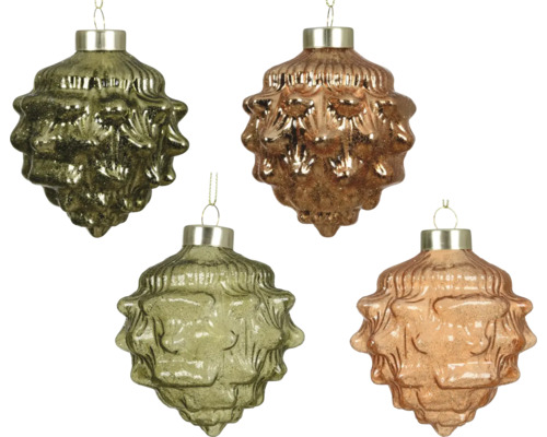 Vier Weihnachtsbaumanhänger aus Glas in Zapfenform mit strukturierter Oberfläche und Metallic-Finish.