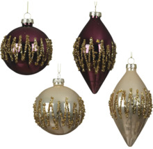 Weihnachtsbaumschmuck aus Glas, Kugeln und Zapfen mit goldenem Glitzermuster.