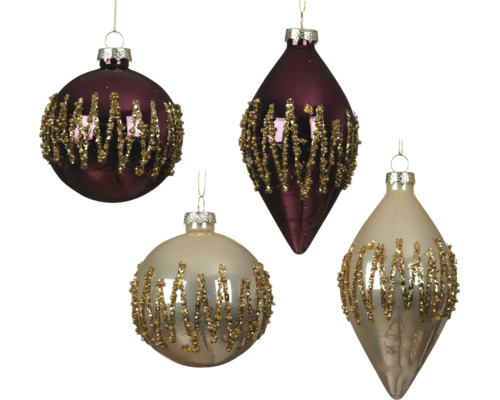 Weihnachtsbaumschmuck aus Glas, Kugeln und Zapfen mit goldenem Glitzermuster.