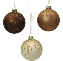 Drei Christbaumkugeln mit glitzerndem Dekor aus Linien und Punkten inklusive Bändern zum Aufhängen.