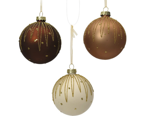 Drei Christbaumkugeln mit glitzerndem Dekor aus Linien und Punkten inklusive Bändern zum Aufhängen.