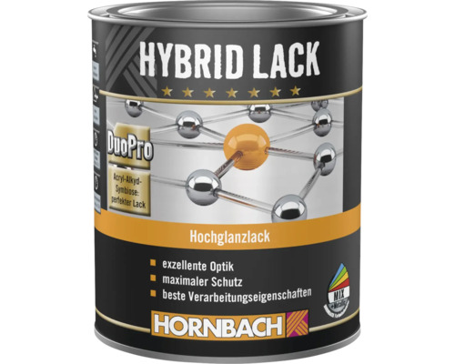 Hornbach Hybrid Lack, Hochglanzlack auf Acryl-Alkyd-Basis für innen und außen, Mix-System, Hornbach Logo.