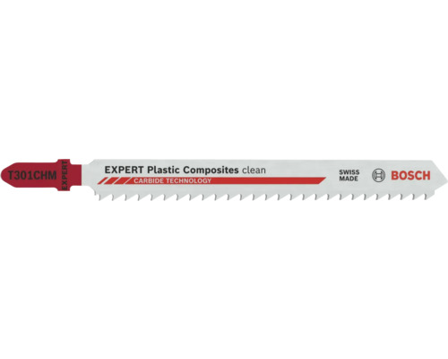 Bosch Expert Stichsägeblatt T301CHM für Kunststoff-Verbundwerkstoffe mit Hartmetall-Technologie, hergestellt in der Schweiz. Bosch Logo.