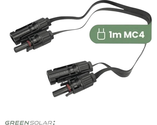GreenSolar Verlängerungskabel für Solaranlagen mit MC4 Steckern, 1 Meter Länge. Green Solar Logo.