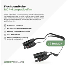 Flaches MC4-Verlängerungskabel für Photovoltaik, 1 Meter, wasserdicht, Plug and Play, für Fensterdurchführungen geeignet, GREENSOLAR Logo.