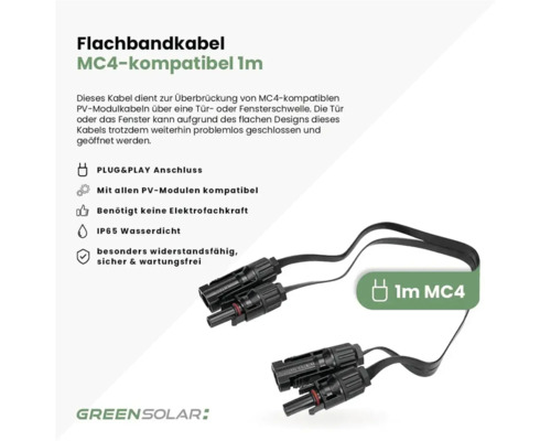Flaches MC4-Verlängerungskabel für Photovoltaik, 1 Meter, wasserdicht, Plug and Play, für Fensterdurchführungen geeignet, GREENSOLAR Logo.