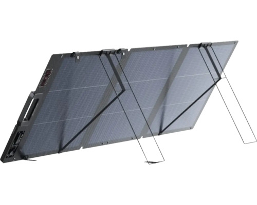Faltbares Solarpanel mit vier Segmenten und integrierten Standfüßen für die optimale Ausrichtung zur Sonne.