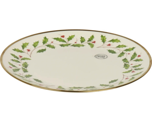 Porzellanteller mit Stechpalmen-Motiv, Goldrand und Kitchen Goods Logo.