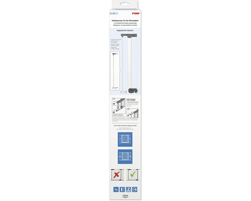 reer Verlängerung 7 Zentimeter für Klemmgitter, Produktverpackung mit Montageanleitung und Anwendungshinweisen.
