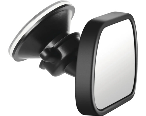 Quadratischer Auto-Rückspiegel mit verstellbarem Kugelgelenk und Saugnapfhalterung aus schwarzem Kunststoff.