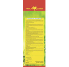 Rückseite der Verpackung von WOLF Garten Moosvernichter und Rasendünger mit Anwendungshinweisen und technischen Informationen.