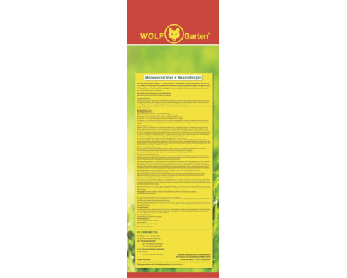 Rückseite der Verpackung von WOLF Garten Moosvernichter und Rasendünger mit Anwendungshinweisen und technischen Informationen.