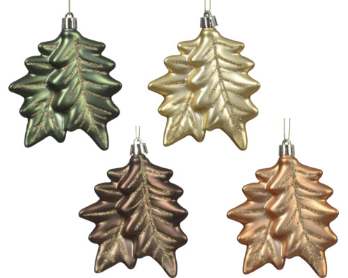 Weihnachtsanhänger in Eichenblattform aus Glas mit Glitzeradern in verschiedenen Metallic-Farben.