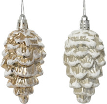 Christbaumschmuck in Zapfenform mit Schneeeffekt und Aufhängung.