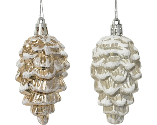 Christbaumschmuck in Zapfenform mit Schneeeffekt und Aufhängung.