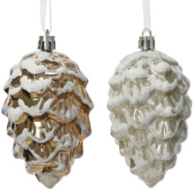 Christbaumschmuck Glaszapfen mit künstlichem Schnee, zweiteiliges Set.