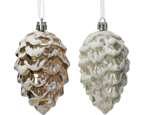 Christbaumschmuck Glaszapfen mit künstlichem Schnee, zweiteiliges Set.