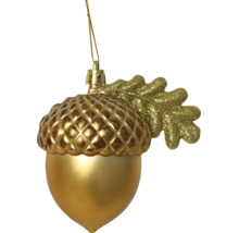 Weihnachtsbaumschmuck in Eichelform in Gold mit glitzerndem Eichenblatt und Aufhängeband.