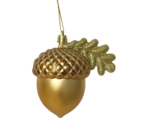 Weihnachtsbaumschmuck in Eichelform in Gold mit glitzerndem Eichenblatt und Aufhängeband.