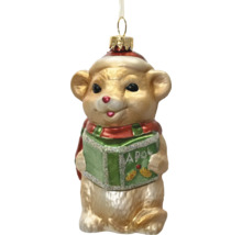 Weihnachtsbaumanhänger aus Glas in Form einer Maus mit Buch, Mütze und Schal.